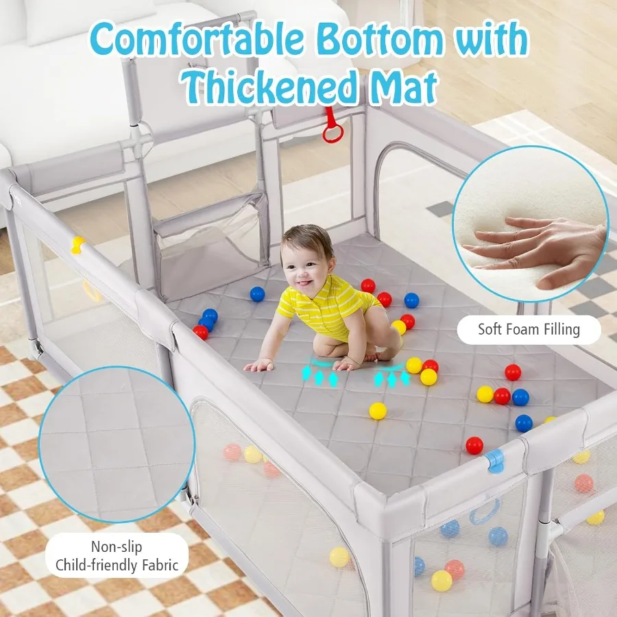 Large Baby Playpen with Mat 81'' x 57'' Playpen for Babies and Toddlers w/Basketball Hoop and Soccer Nets Pull Rings and Ocean