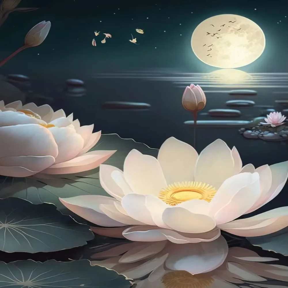 Vintage Traditonal Chinese Style Lotus Flower Pond Moonlight Landscape Art Poster Canvas Painting Wall Prints Picture Home De