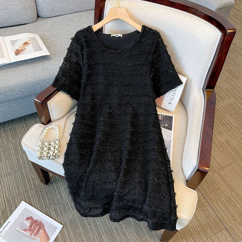 150Kg Plus Size Bust 150cm Women\'s Summer Loose Lace Solid Bow Ruffle Hem Dress Black White 6XL 7XL 8XL 9XL 10XL