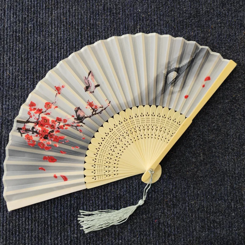 Chinese Vintage Cloth Fans Handheld Wooden Handle Art Flower Patterns Folding Flower Fan Classical Dance Party Performance Tool