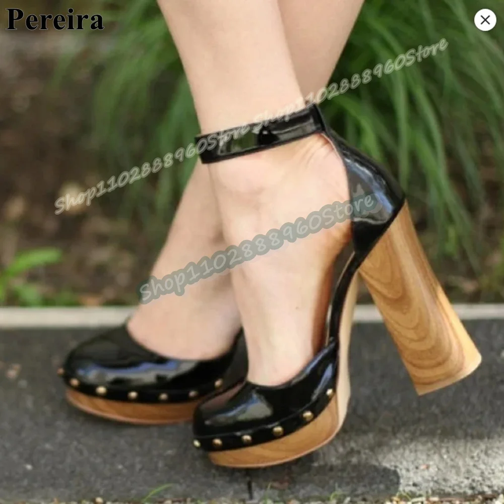 

Shallow Black Glazed Leather Platform Sandals Chunky High Heel Shoes For Women Ankle Buckle Strap Round Toe Zapatos Para Mujer