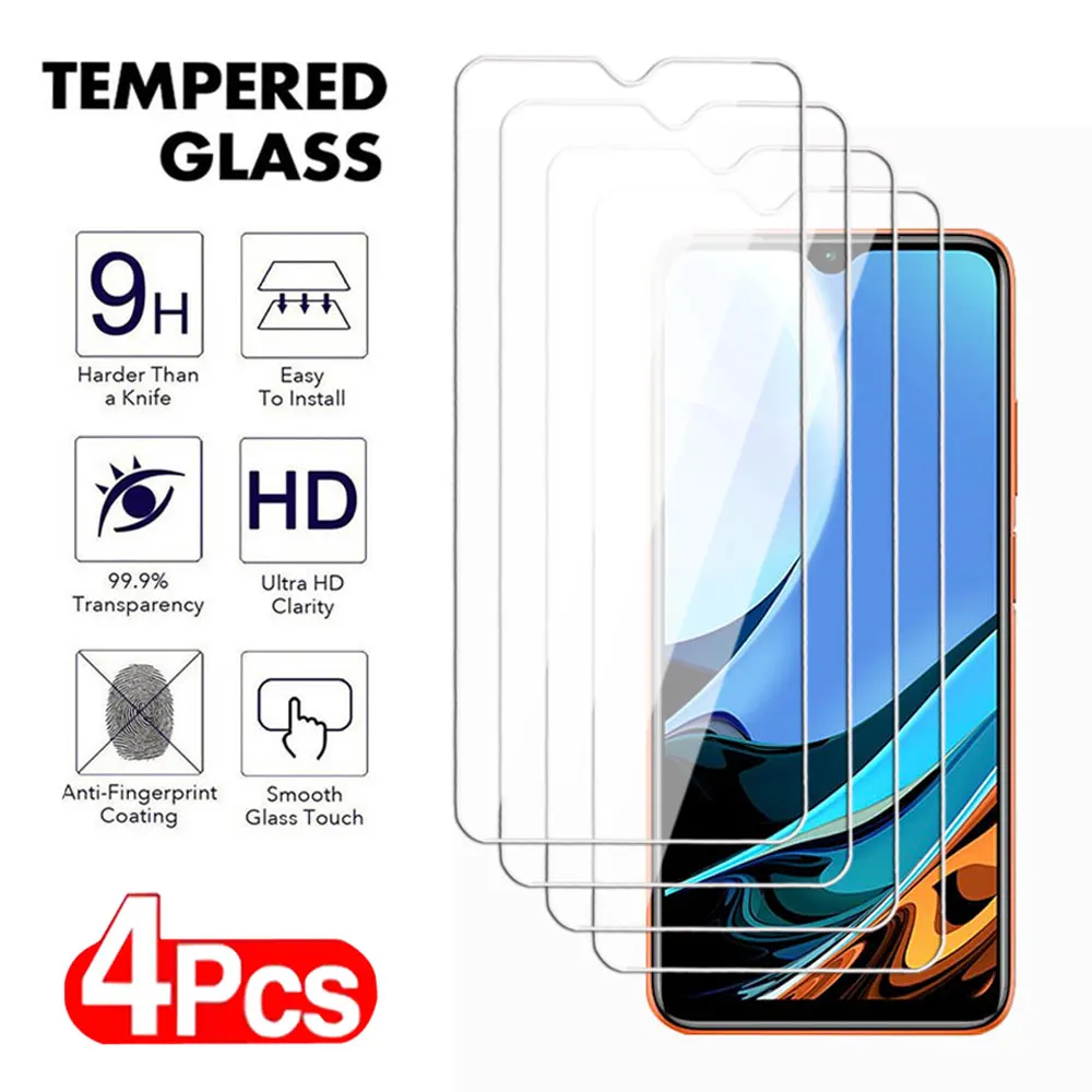 Pelindung layar kaca anti gores penuh, 4 buah untuk Xiaomi Redmi 8T 9T Note 9 Pro Max pelindung layar Redmi 8 8A 9A 9C NFC Film pelindung transparan