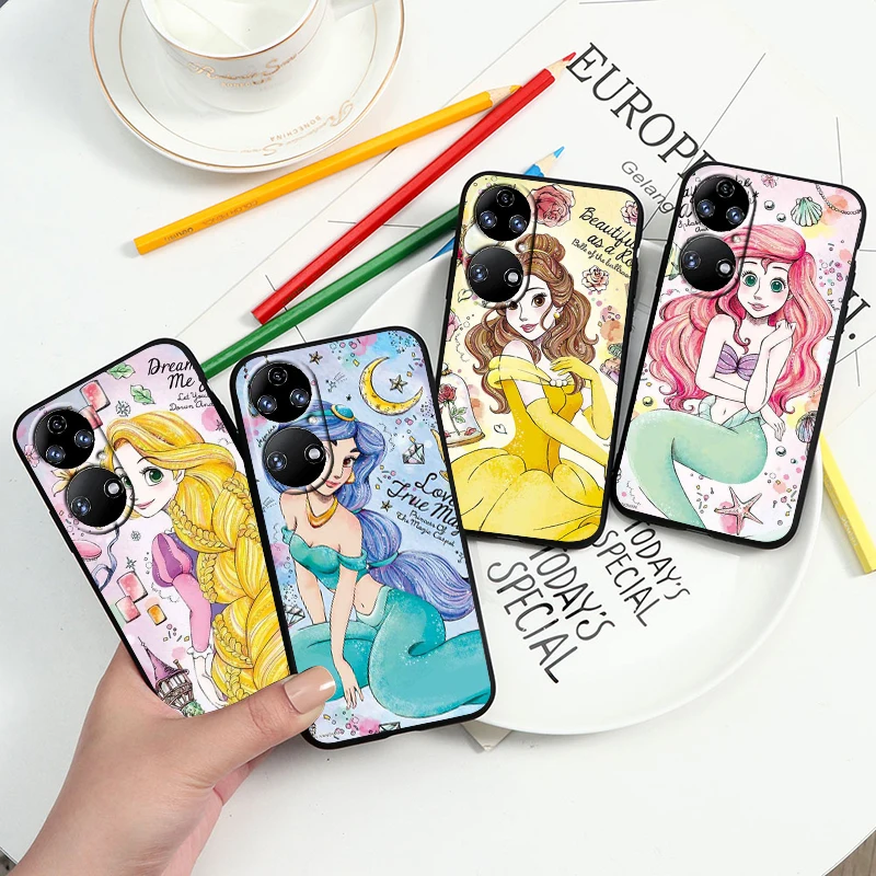 Disney Princess Cartoon For Huawei P60 P50 P40 P30 P20 Pro Lite P Smart Z 2021 2019 4G 5G Silicone Soft Black Phone Case Fundas