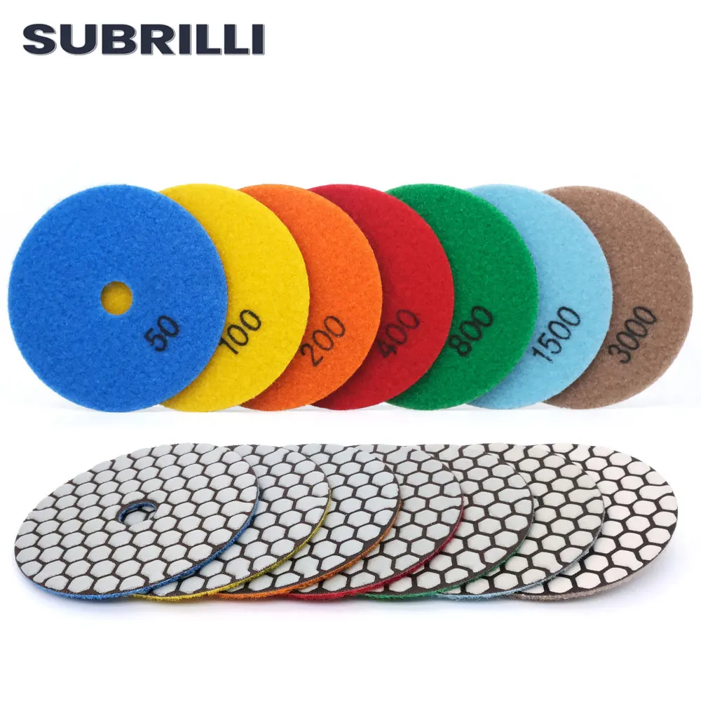 SUBRILLI 3pcs 4"/100mm Diamond Dry Polishing Pads For Marble Granite Flexible Pad Diamond Grinding Disc Sanding Polisher Pad