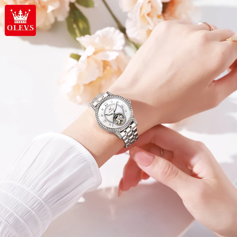 OLEVS Original Mechanical Watch for Women Luxury Skeleton Diamond Bezel Ladies Wristwatch Elegant Automatic Women\'s Watches 7036