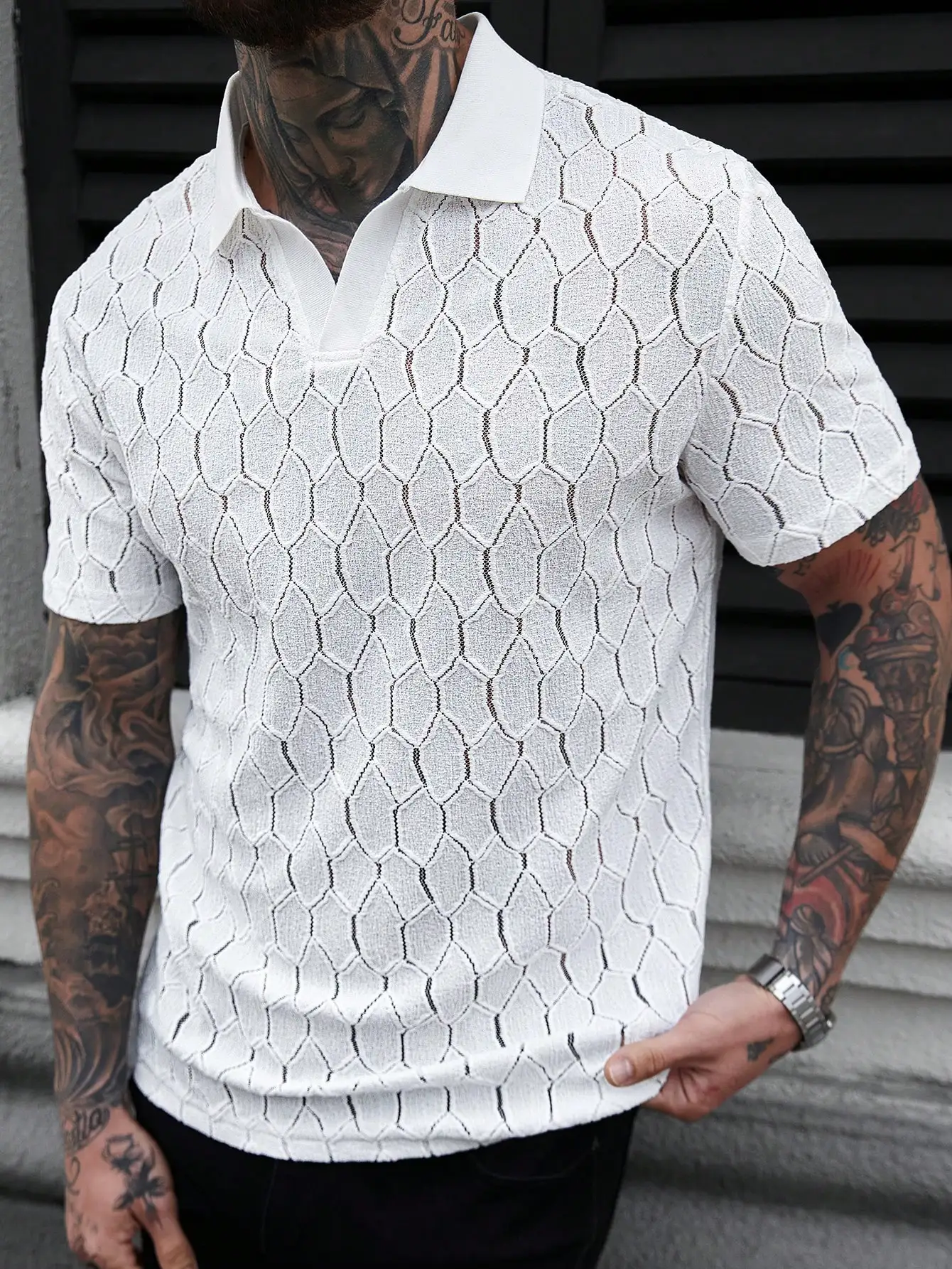 

Men's White Hollow Knit V-Neck Polo Shirt, Lightweight Casual Summer Top