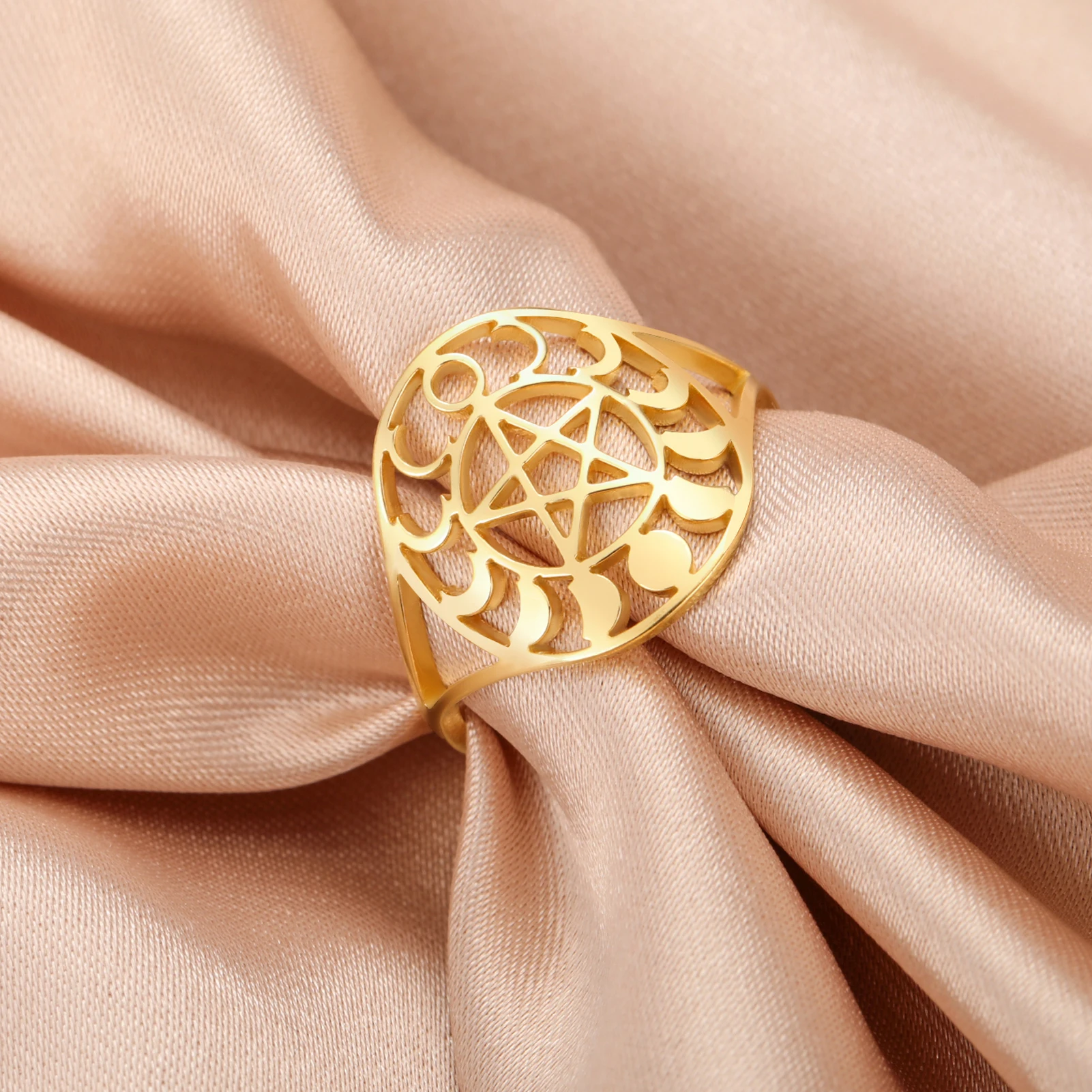 COOLTIME Pentagram Moon Phase Ring Stainless Steel Supernatural Pentacle Amulet Rings Women Men Vintage Band Jewelry Party Gift