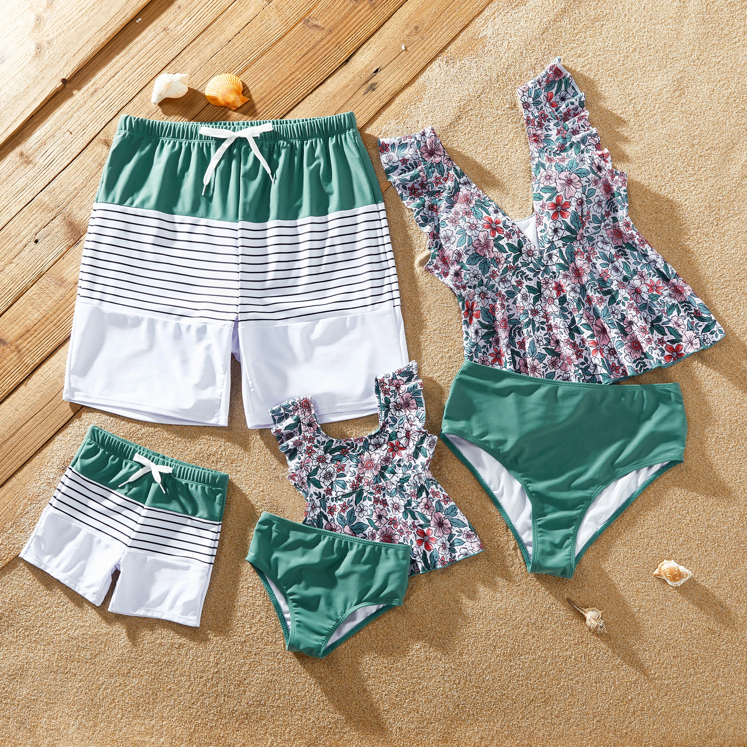 

PatPat Family Matching Swimsuits Color Block Drawstring Swim Trunks or Floral Top High Waist Bottom Tankini