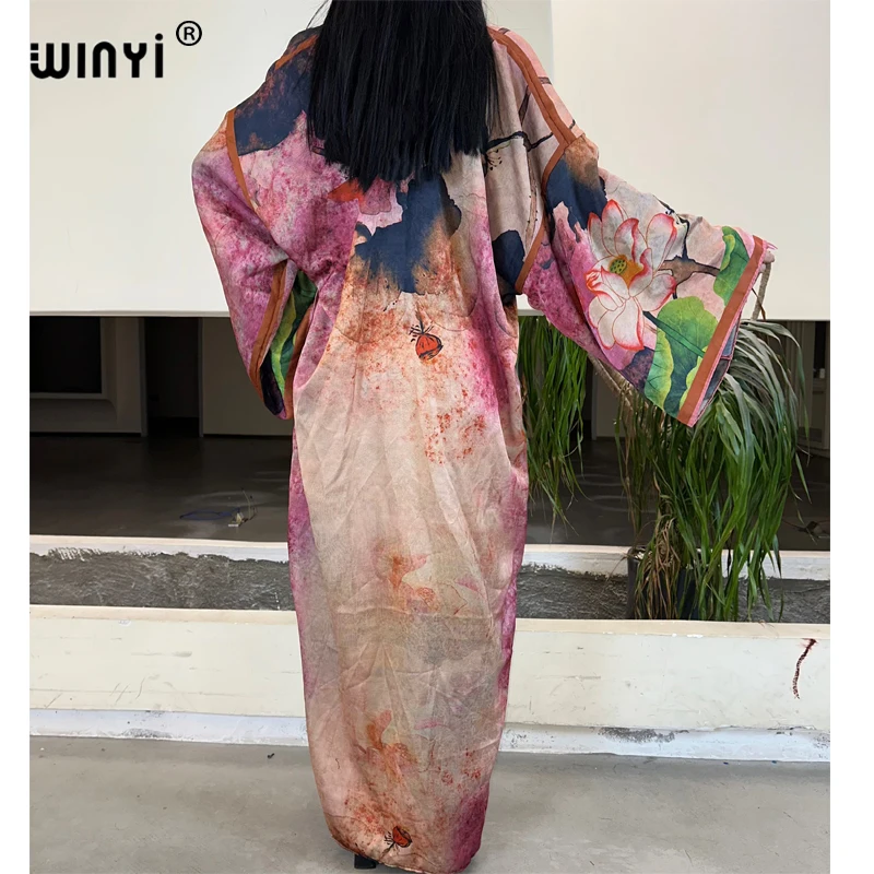 \WINYI autumn women’s long coat-f- retro printed long sleeved muslim abayas Beach Wear Boho Cardigan Holiday Long Sleeve Kimono