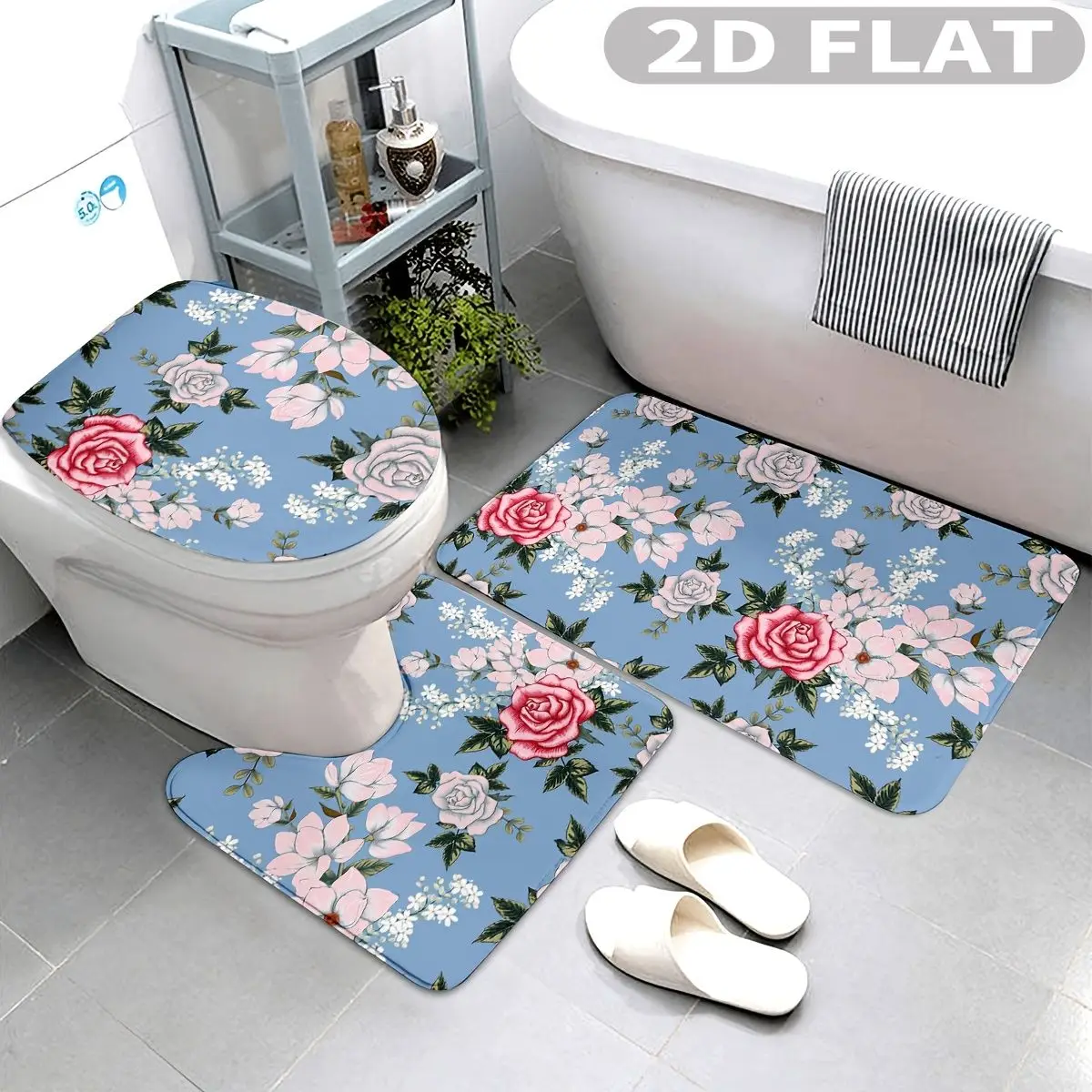 

3pcs Bathroom Rug Set Blue Floral Rose Print Design 3pcs Bath Mats Set for Bathroom Non-Slip Cover Mat