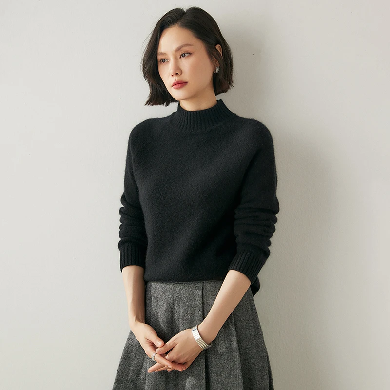 여성 100% 캐시미어 하프 하이 넥 풀오버 기본 캐주얼 긴 소매 스웨터 캐시미어 니트 의류 가을 겨울 스웨터