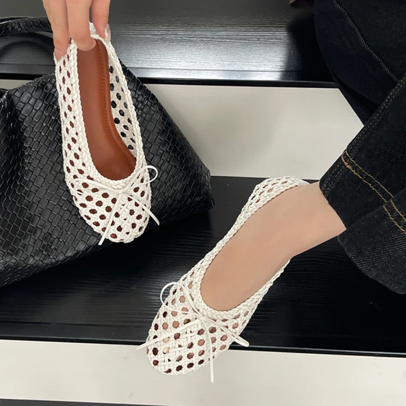 

Women's Square Toe Bow Knot Slip on Hollow Out Knitted Lightweight Comfortable Flat Ballet Shoes Daily Footwear Drop Shipping