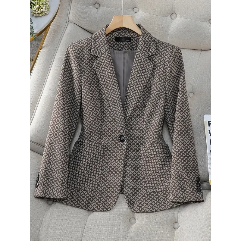 Mode Kaffee blau schwarz gestreifte Damen lässig Blazer Frauen Langarm Single Button weibliche Herbst Winter jacke mit Tasche