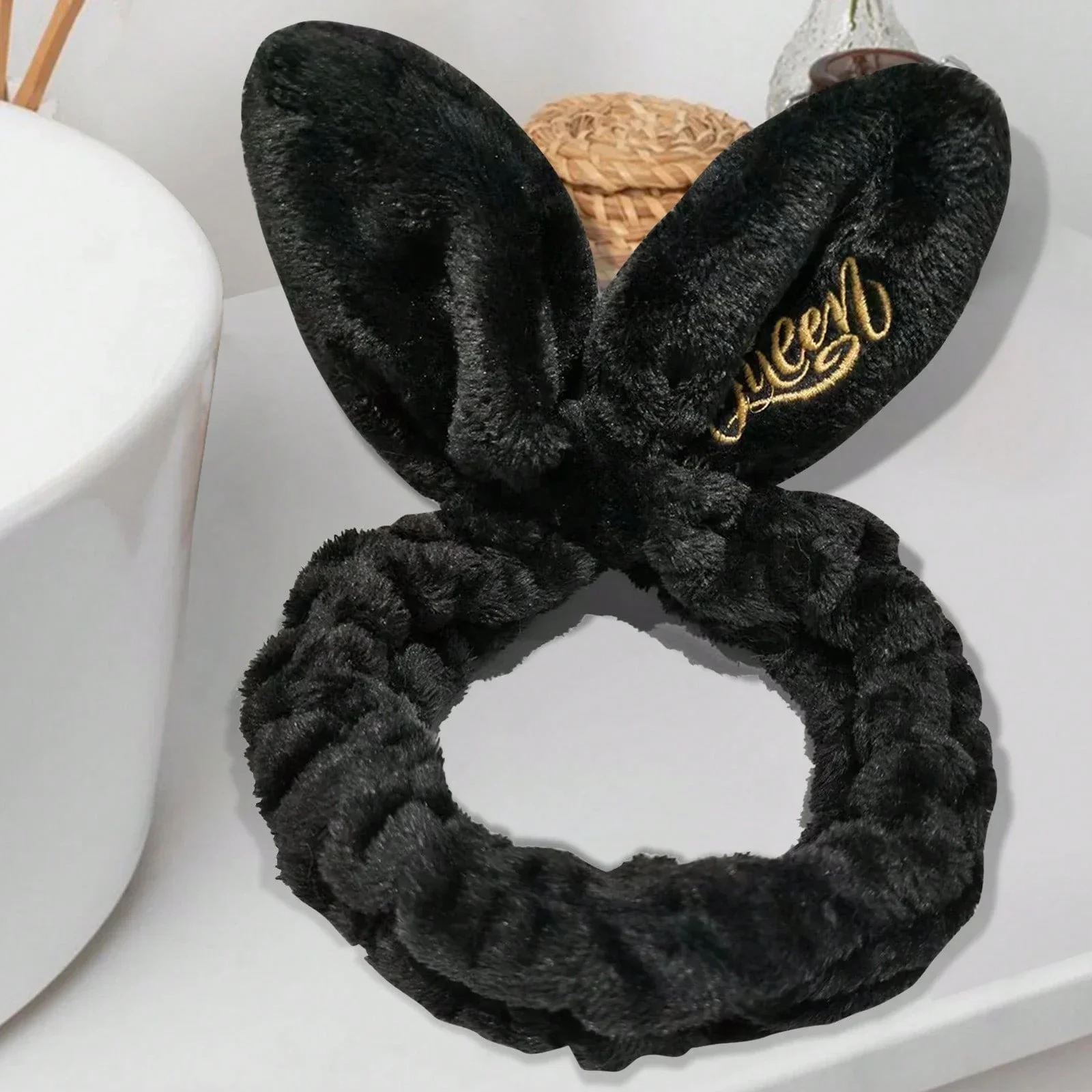 

Black Puffy Rabbit Ear Headband For Makeup Wash Face Spa Yoga Daily Use