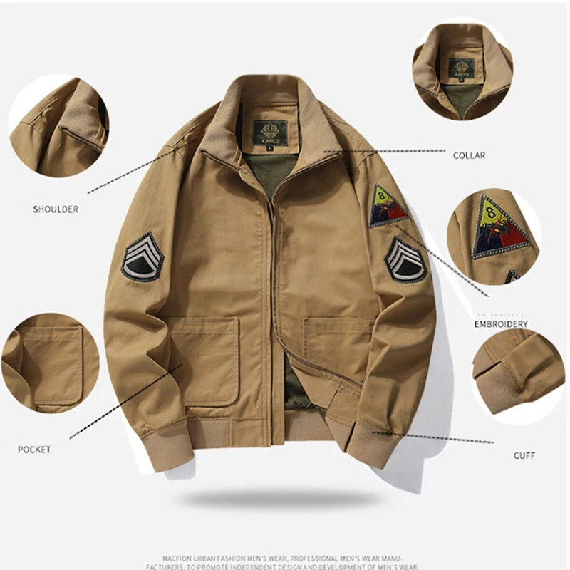 Men's Pilot Military Jackets Embroidery Cotton Coat Stand Collar Zipper Outwear Oversized Casual Army Bomber Tactics Jackets Men