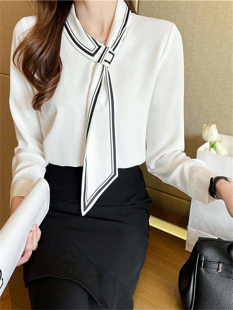 #3234 White Chiffon Blouse Long Sleeve Elegant Office Blouse Women Scarf Collar France Style Ladies Tops And Blouses Spring 2024