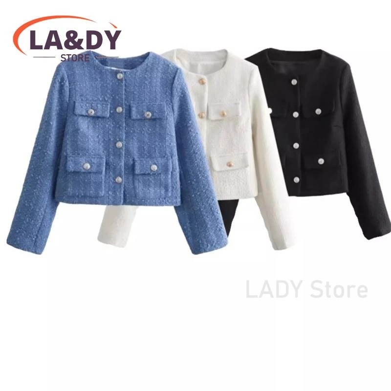 Jacket Coat Female 2024 Fashion Round Neck Single-Breasted Solid Spring Autumn Casual Long Sleeve Pockets Outerwear Women