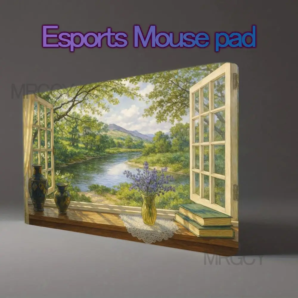 Large Landscape Oil Painting Mouse Pad Window View River Scenery Gaming Desk Mat Anti-slip Rubber Keyboard Mat Office Decor