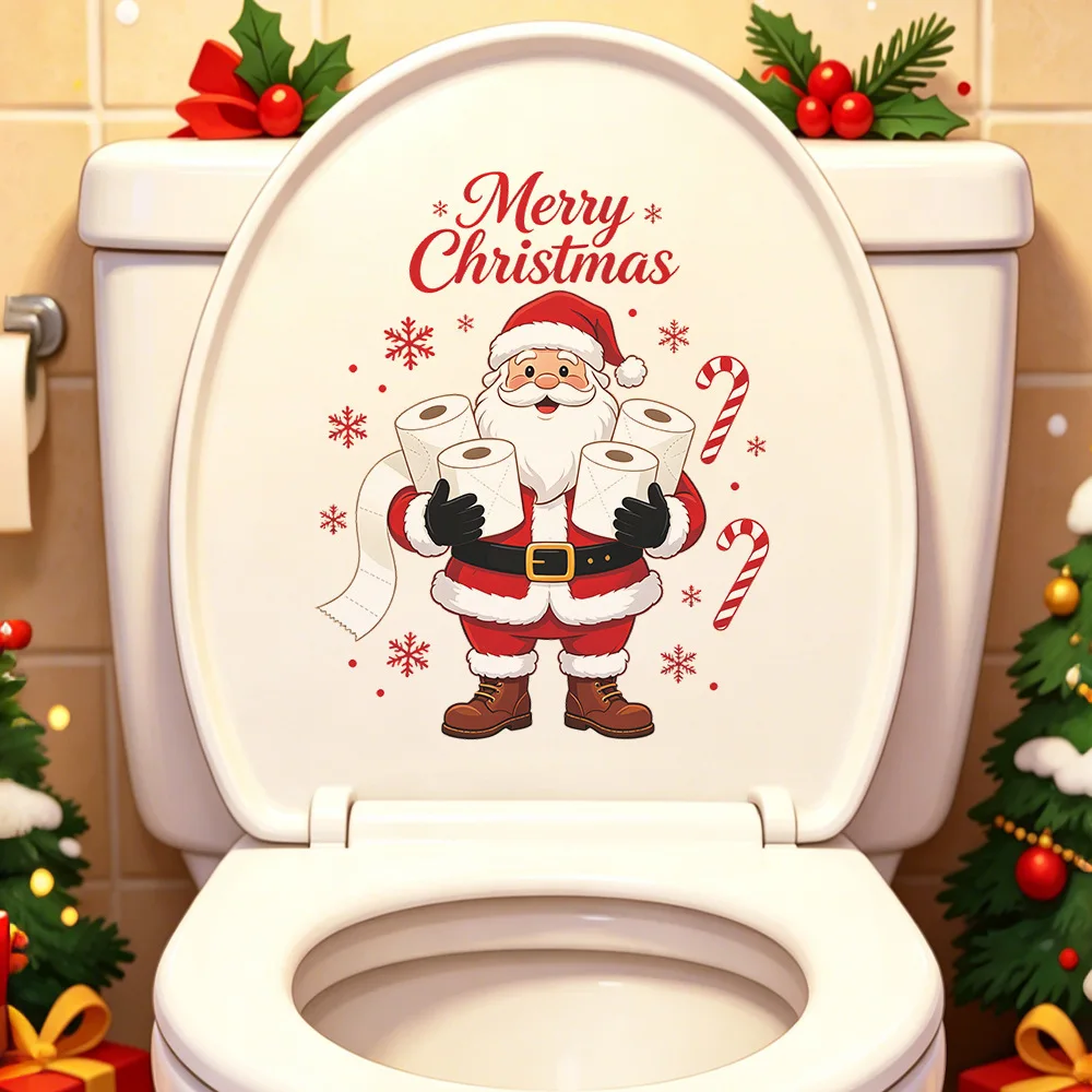 Christmas Funny Santa Toilet Decal, Holiday Decor Sticker for Bathroom Restroom Toilet Seat Surface Beautification