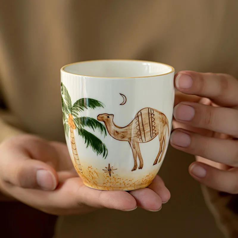

Hand-painted Middle Eastern style, Arabian palm trees, camel coffee cups, ceramic tea cups