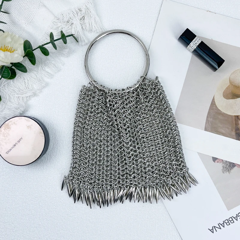 European and American Stainless Steel Metal Tassel High-end Handbag Cross-border Hand Woven Niche Sparkling Bag