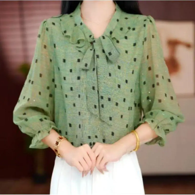 

Модная женская блузка с рюшами и бантом, элегантная повседневная рубашка с рукавом 3/4 для весны и лета