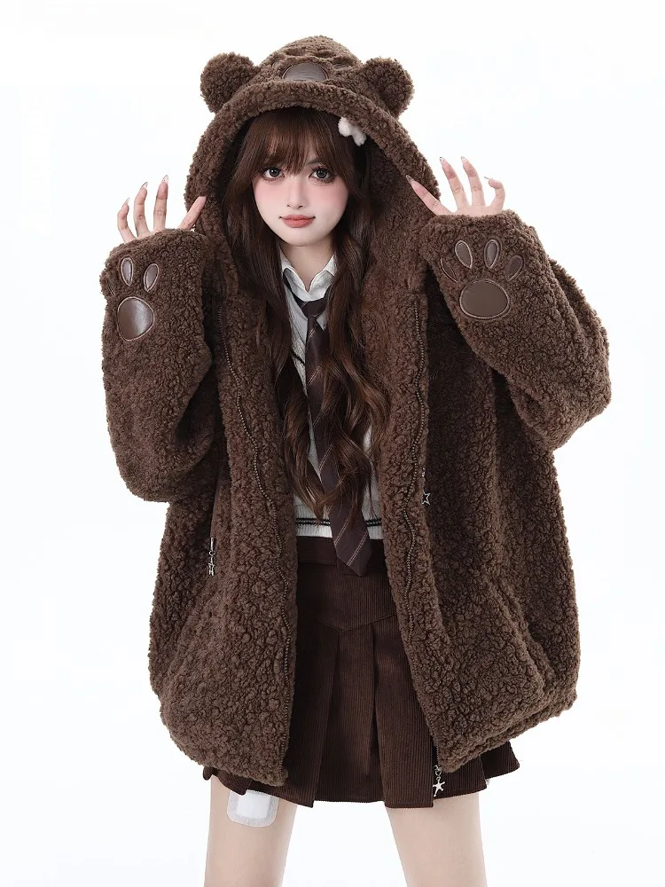 Sweet Cute Bear Ears Hooded Jacket Women Teddy Fur Fall Winter Hooded Thick Lamb Wool Coat Brown Warm Soft Loose Girl Jackets