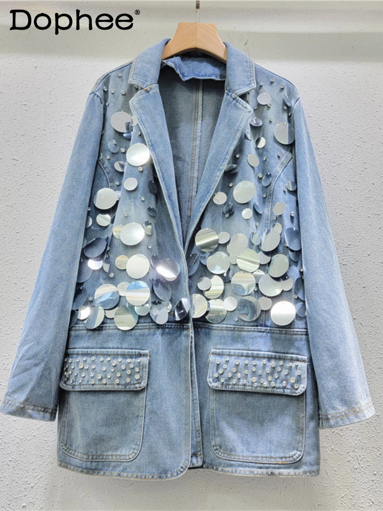 

Heavy Embroidery Sequins Denim Coat for Women 2024 Spring and Autumn New Korean Style Loose Top Suit Collar Jacket Female