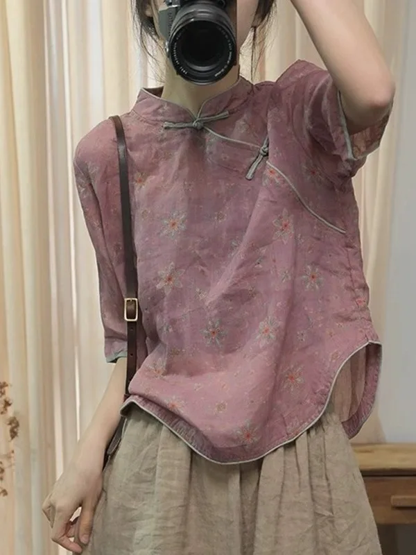 

Summer 2025 Loose Printed ort Sve irt Women's Stand Collar Traditional Chinese Sle New Faion Age Reduction Button