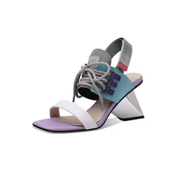 Genuine leather 8.5cm super high strang style mixed colors rock European style handmade square toe sandals HL366 MUYISEXI