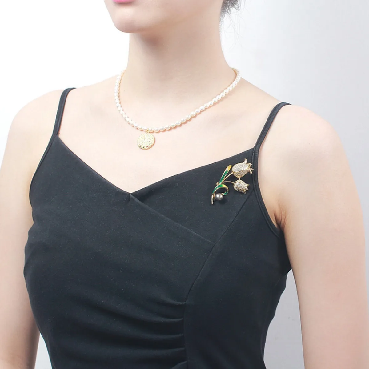Brass Gold Plated Tulip Brooch Setting, Zircon Inlaid Pin, DIY Pearl Corsage for Jewelry Making