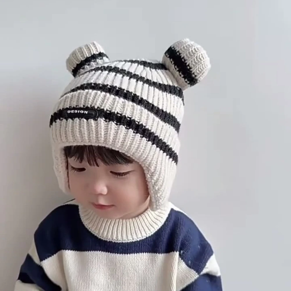 Cappello lavorato a maglia per bambini Paraorecchie invernale a strisce di gatto Morbido e caldo cappello a vento per il tempo libero Prodotti per bambini Regalo di compleanno unisex