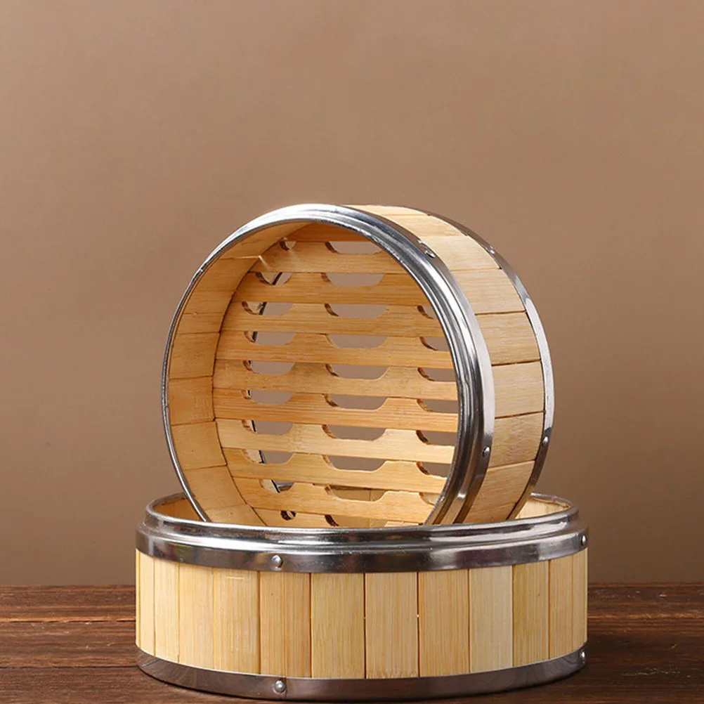 

1Set Bamboo Food Steamer Basket Metal Edges Heat Resistant Steamer with Cover Household Cooking Tool for Steaming Dumplings