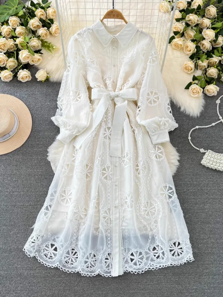 

Hikigawa Chic Fashion Women Vintage Lantern Long Sleeve Slim Waist Dresses Elegant Solid Hollow Gauze Bandage Vestidos Mujer