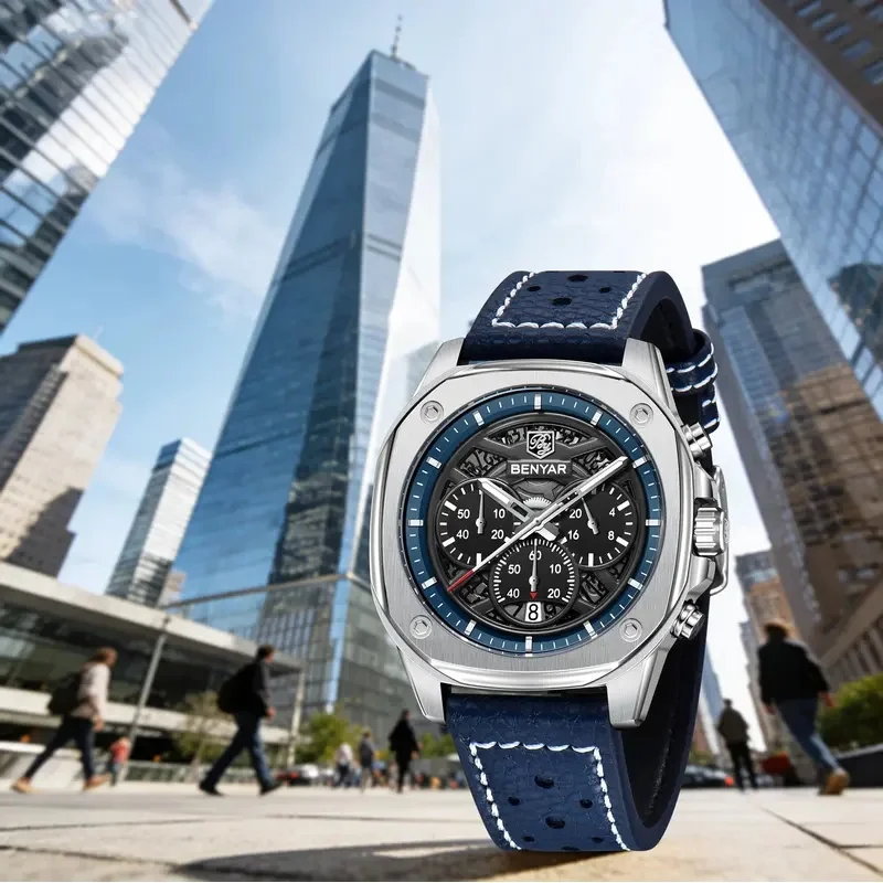 BENYAR Men's Elegant Quartz Watch Premium Leather Strap Hardlex Crystal Small Three-Hand 30m Water Resistant Luminous Calendar B