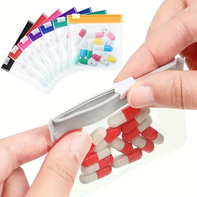 14/7pcs Reusable Zipper Pill Bag Set, 7 Color Self Seal Medicine Pouch, Semi Transparent Travel Pill Bags for Tablets