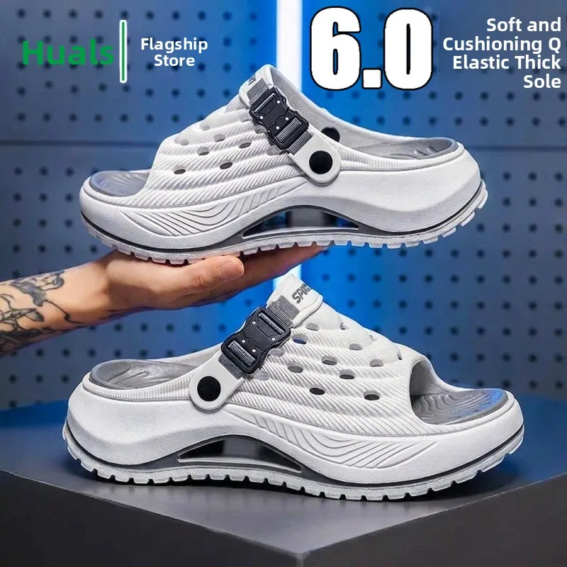 Men's Sporty Slip-On Summer Sandals Thick Bottom Outdoor Wearable Anti-Slip Driving Two-Way Beach Shoes Breathable EVA Footbed