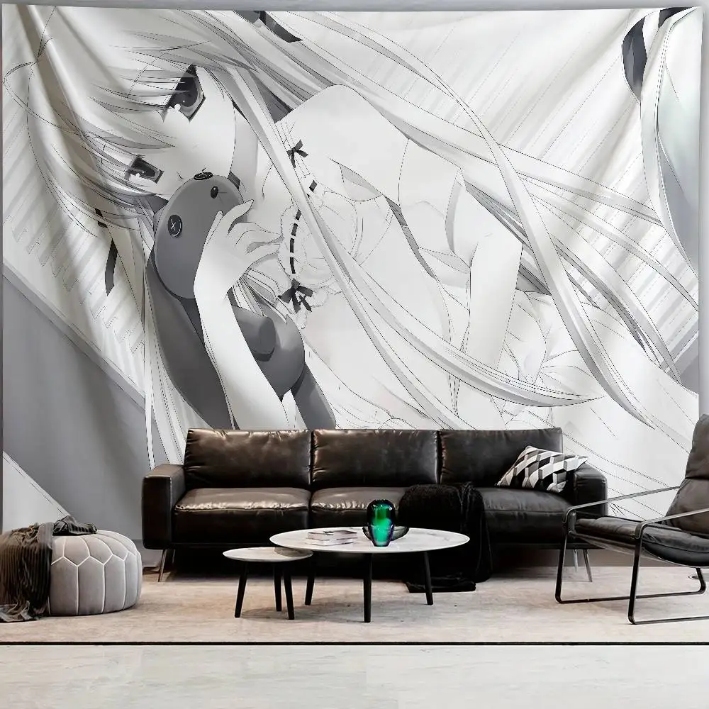 Monochrome Grayscale Anime Girl Tapestry, Soft Sketch Style Long Hair Maiden With Plush Toy Wall Decor