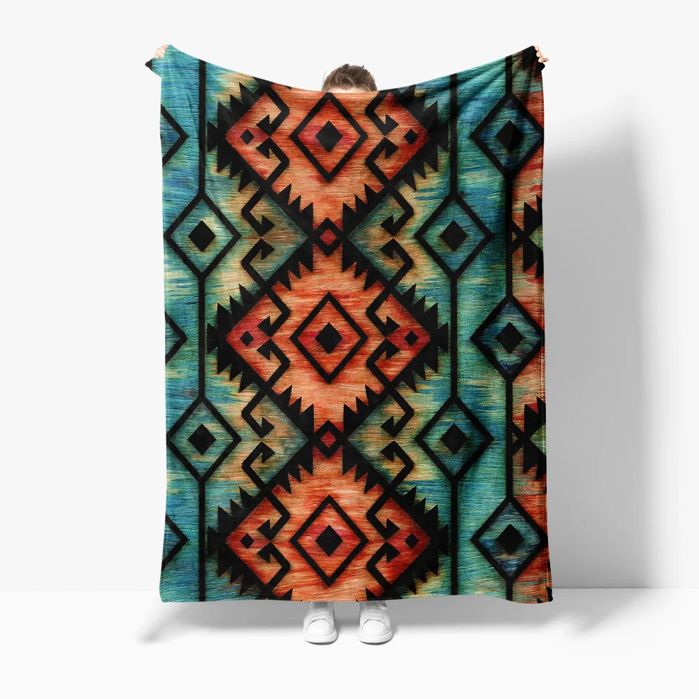 

Tribal Geometric Pattern Blanket Aztec Native American Blanket Red Blue Geometric Throw Blanket for Sofa Bed Couch Decoration