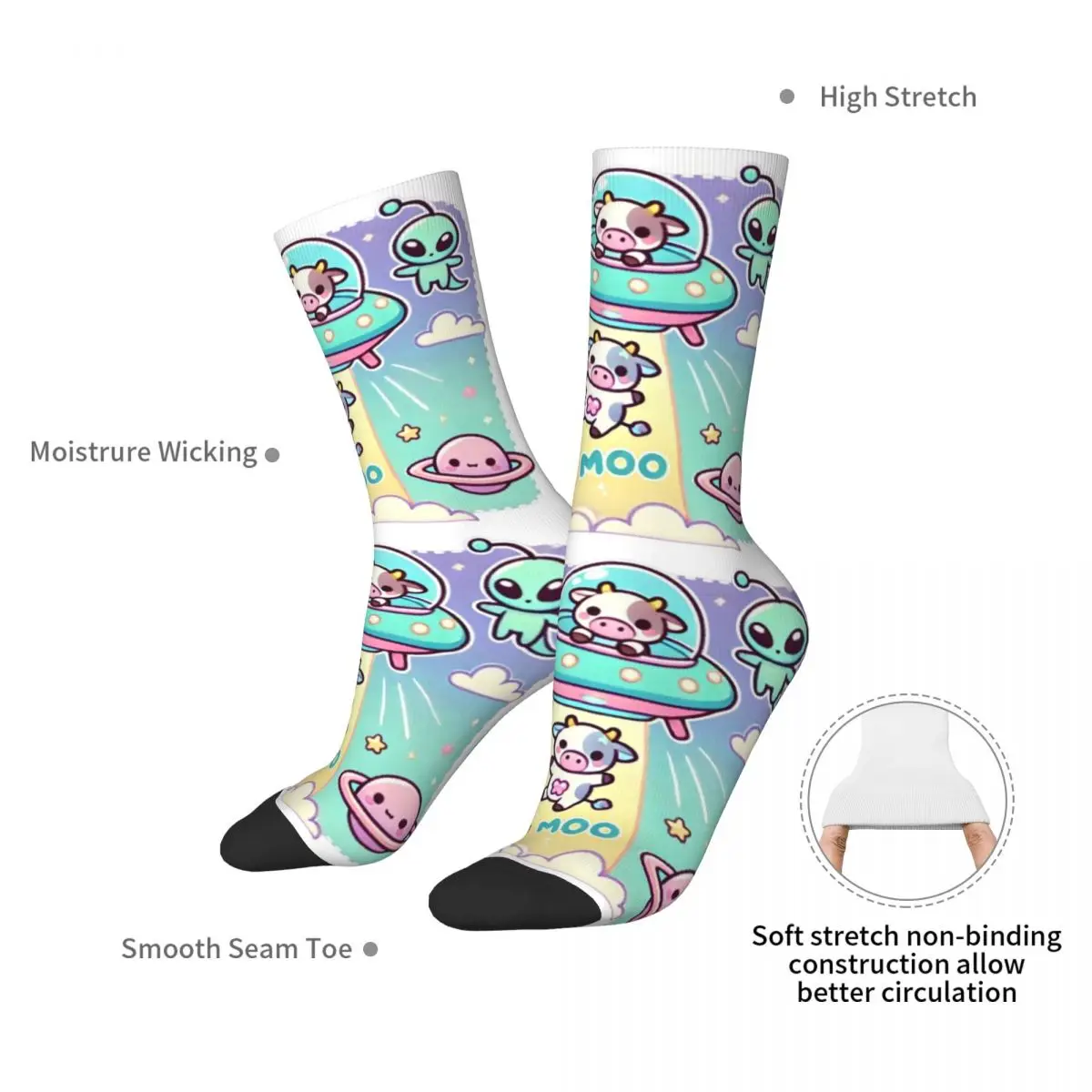 Alien Cow Abduction Kawaii Space Adventure Socks Harajuku Super Soft Stockings All Season Long Socks Accessories for Unisex