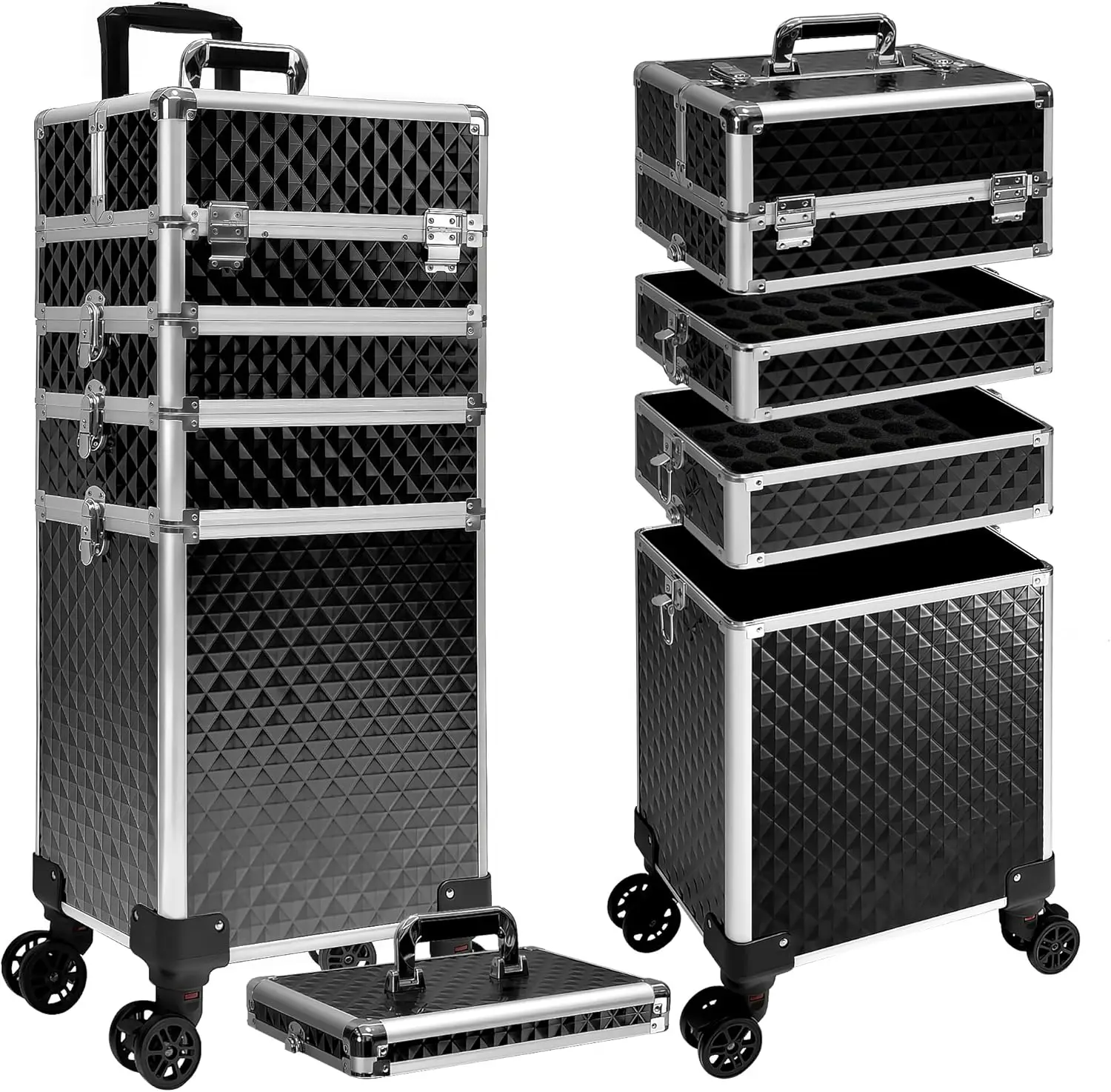 

5-in-1 Rolling Makeup Train Case with Large Storage and Wheels for Beauty Salon Professionals