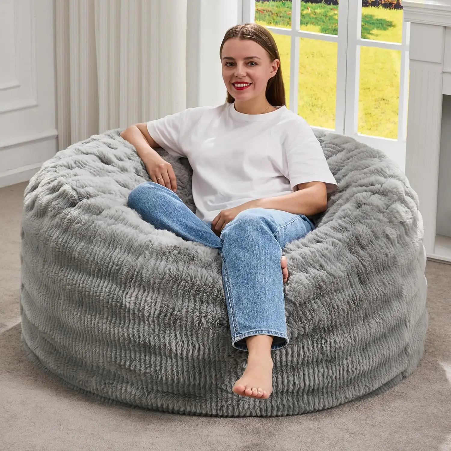 

Memory Foam Bean Bag Chair with Fluffy Cover, Giant Size for Adults, Grey, 3FT - Easy to Clean and Move