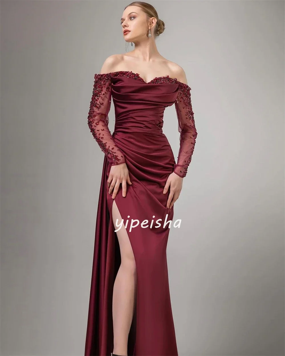 Customized Elegant Retro Bead Hanging Formal Evening Gown A-line Off Shoulder Custom Dress Long Skirt Showcases Aristocratic Sty