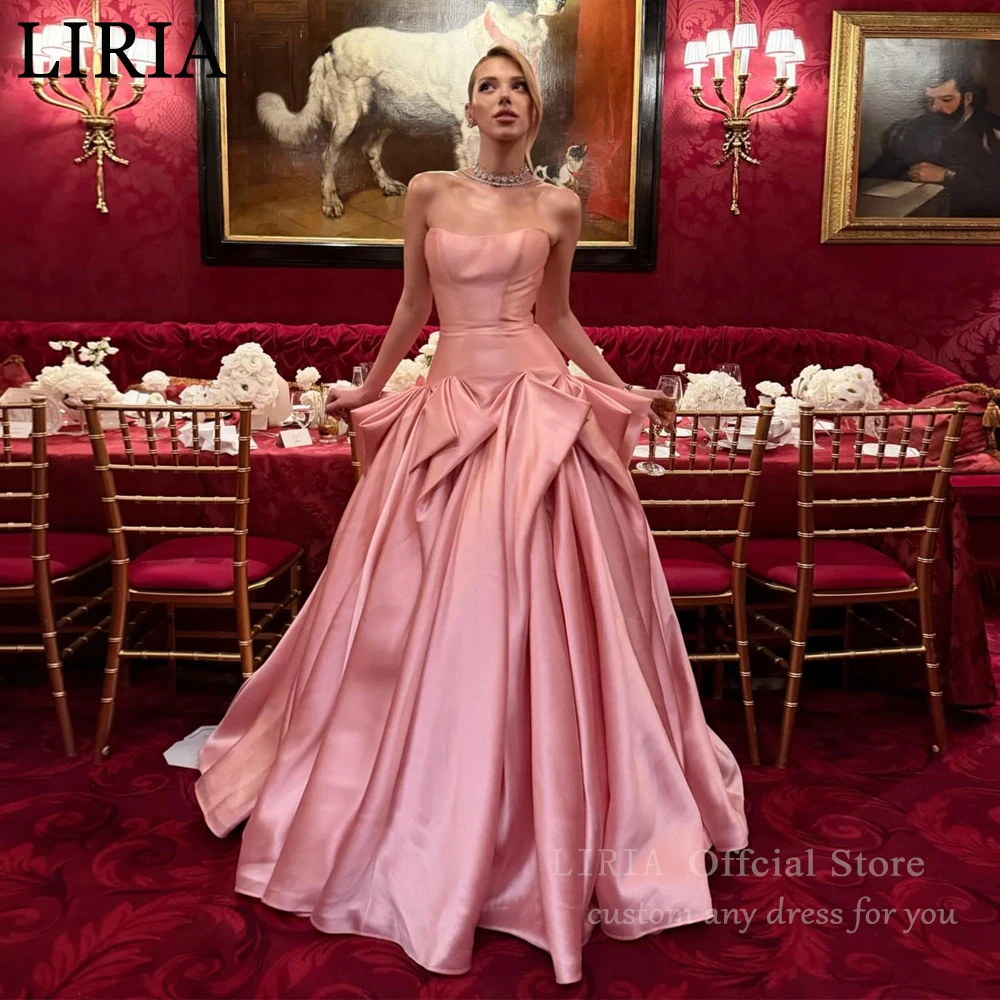 Vestido de Fiesta LIRIA, Elegante, Rosa, Sin Tirantes, Corte A, Satinado, Sin Mangas, con Volantes, Formal, para Eventos, Personalizable