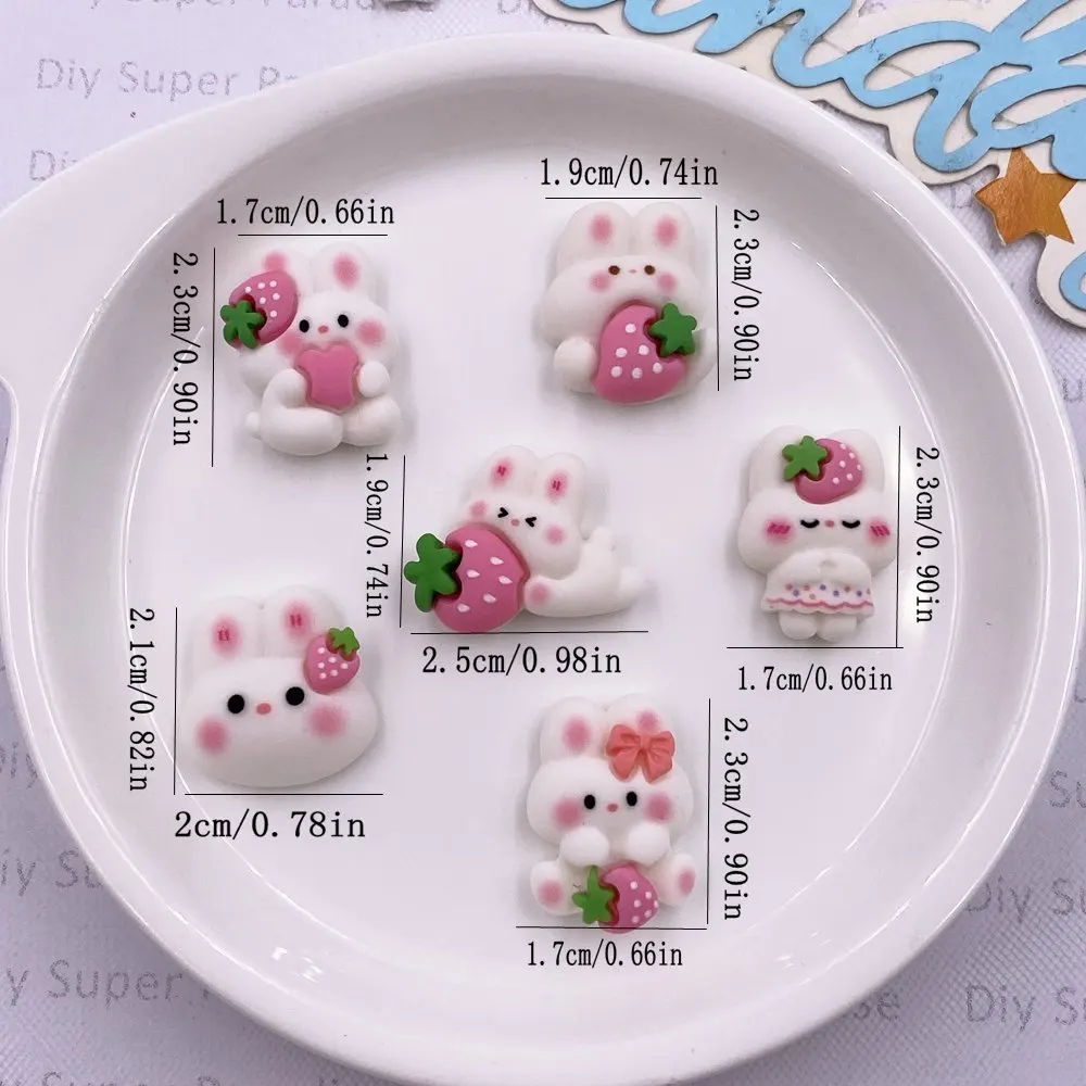 12PCS Colorful Resin Cartoon Strawberry Bowknot Rabbit Figurines Flat back Stones DIY Wedding Decor Scrapbook Accessories Crafts