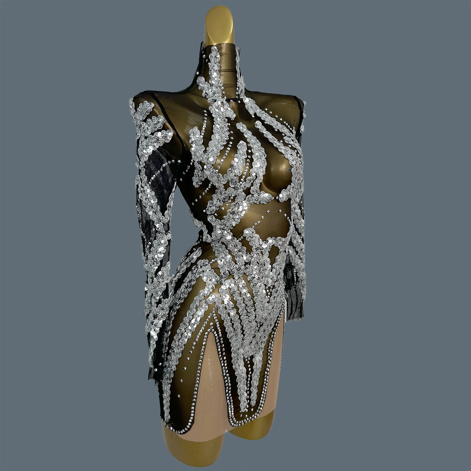 

Черное сексуальное прозрачное сетчатое мини-платье с блестками и блестками, одежда для выступлений, сценический костюм с длинными рукавами, платье Yinsen