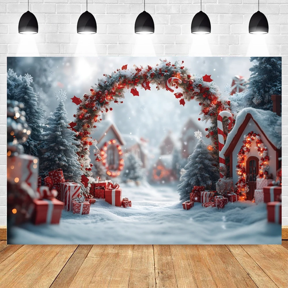 Christmas Arch Photography Backdrops Candy Cane Snowman Gifts Festive Kids Family Holiday Celebration Portrait Decor Backgrounds