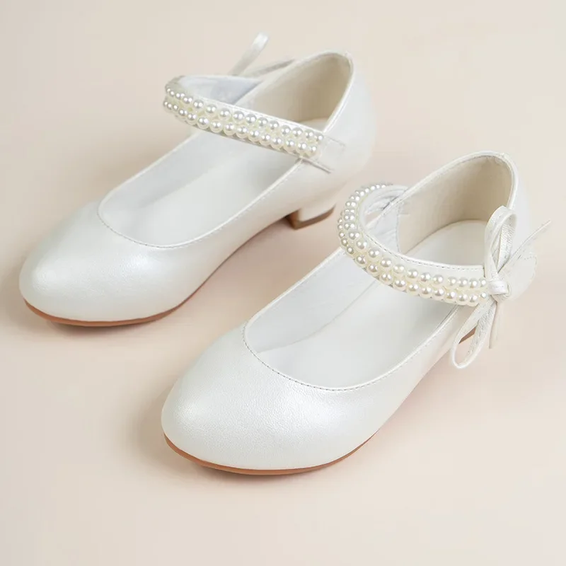 Girls High Heel Shoes For Kids Pearl Teen Crystal Party Princess Shoes Child Wedding Formal Leather Sandals Girls Footwear Party