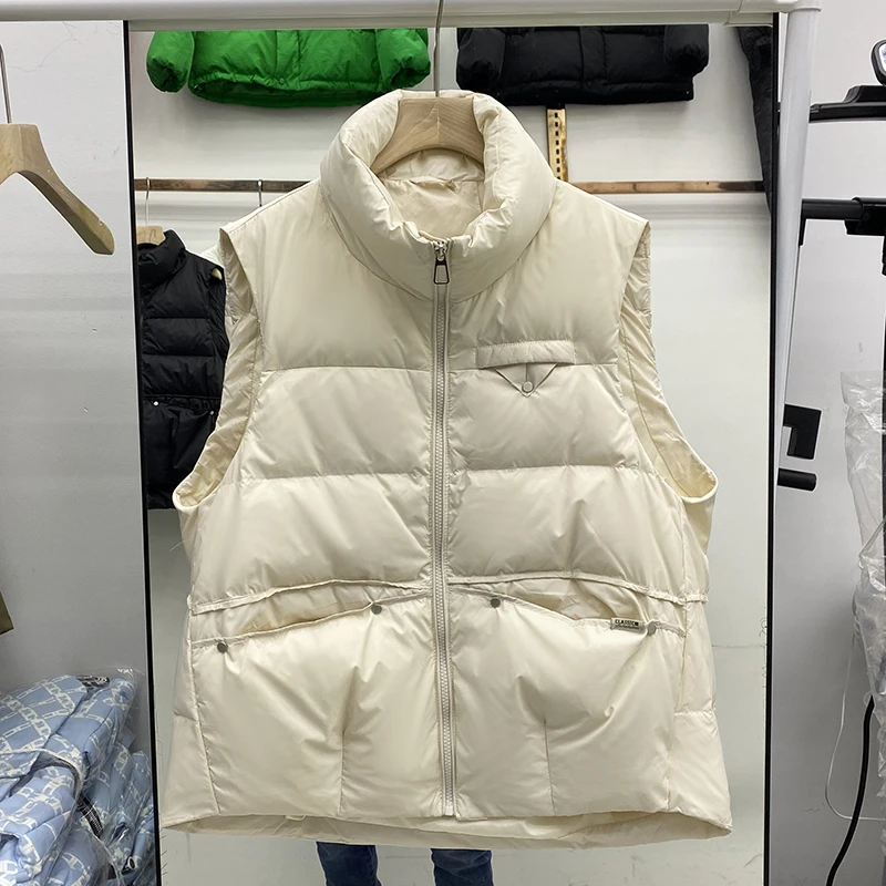 Winter Women 90% White Duck Down Coat Casual Stand Collar Zipper Pockets Sleeveless Vest Female Loose Solid Outwear