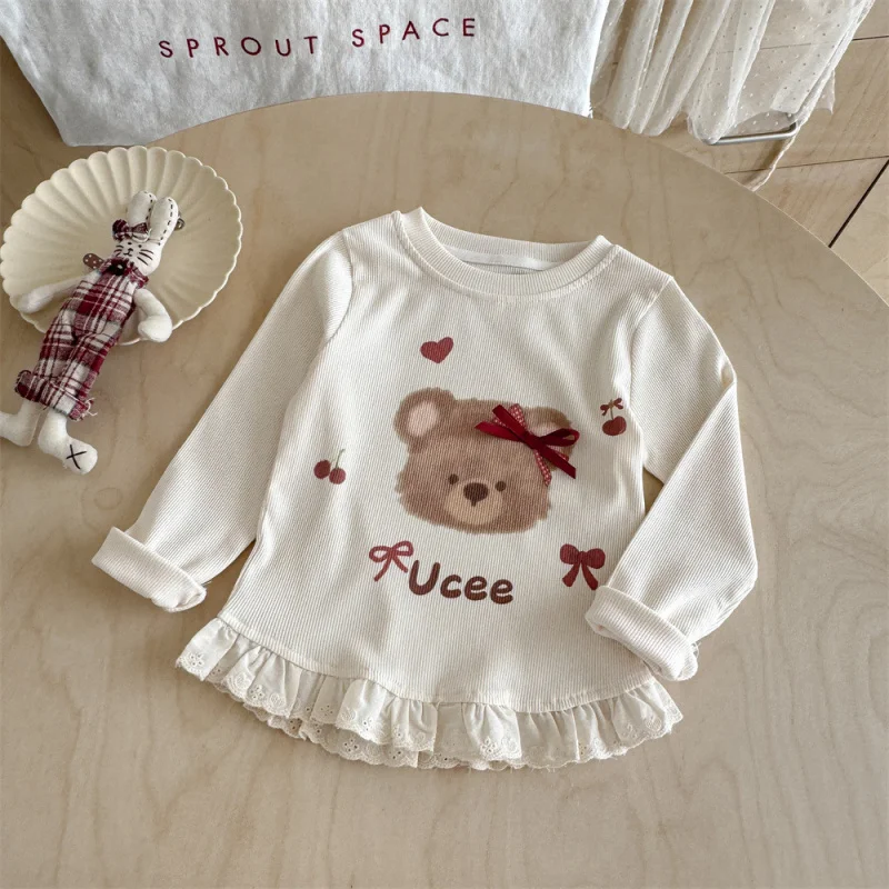 

Girls' Long SleevestShirt Spring and Autumn New Cute Bear Base Shirt Children's Autumn Outfit Girl Baby TopT